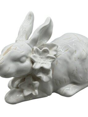White Ceramic Bunny Figurine Floral Details Decorative Animal Ornament 7.5 READ
